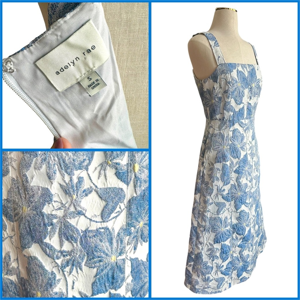 Adelyn Rae Blue & White Floral Jacquard Midi Dress with Square Neckline